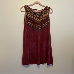 Red patterned tank top dress with lace up neckline